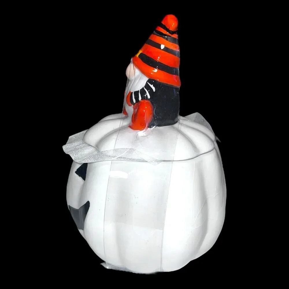 Haunted Manor Gnome On White Pumpkin Jack O Lantern Canister Cookie Candy Jar